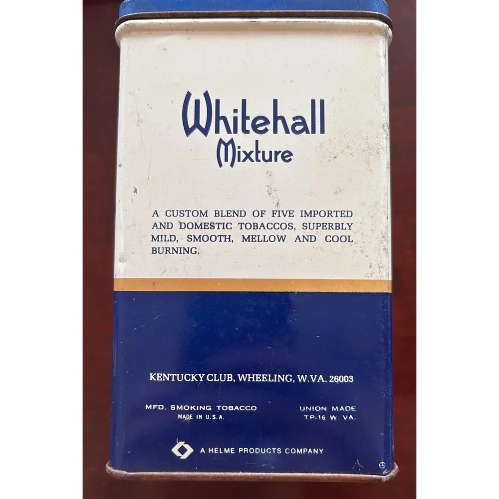 Whitehall Mixture Tobacco Tin Metal 14oz Blue White Vintage Americana MCM